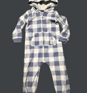 Carter's Baby Boy Blue and White Plaid Hooded Fleece Jumpsuit 'Little Explorer'